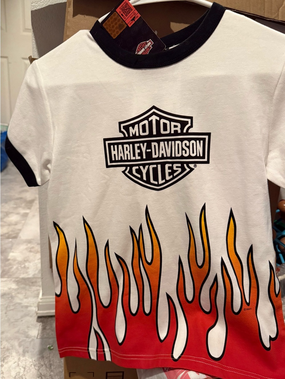 Harley-Davidson White Tee with Orange & Red Flame Graphic